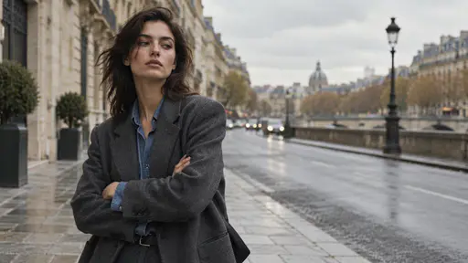 A young woman with her arms crossed and a stern look stands in front of a blurred city street.