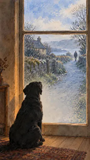 An ink wash and watercolour view from indoors: a black dog sits on warm wooden floorboards at a tall sash window, gazing up at a lone capped walker approaching along a walled garden path. A stone cottage, dry-stone walls, a wooden gate, bare trees and pale water fill the view while soft window light falls evenly across the interior floor.