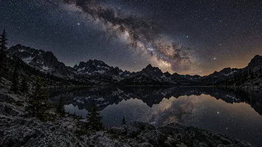 A still alpine mountain lake mirrors the Milky Way arching overhead with a rocky shoreline, small pines and jagged peaks in silhouette.