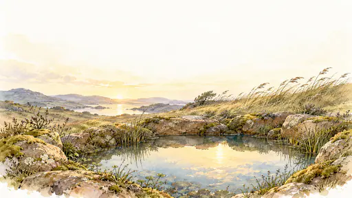 A mirror still pond sheltered in a curved cup of stone and moss lies calm while wind bends the reeds and grass beyond it under a pale gold sky in soft watercolor.