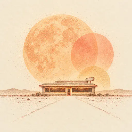 A small roadside diner with a rounded roof stands on a low horizon beneath an enormous apricot moon disc overlapped by a coral disc with a thin road leading to it in rust and sepia stipple on cream.