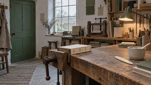 A small stack of stitched notebook signatures is pressed in a wooden bench vice beside a curved needle at rest, waxed thread, a bone folder and a pot of paste in a bookbinding nook in warm lamp light.