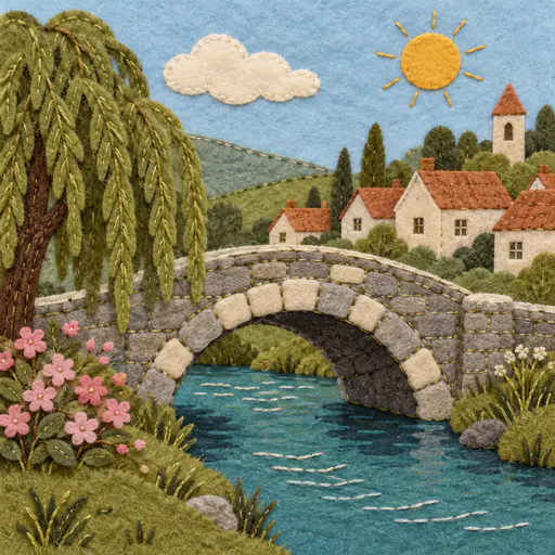A small rounded stone arch bridge crosses a teal stream beside a village of terracotta-roofed cottages with a willow and a pink bush in cut felt.