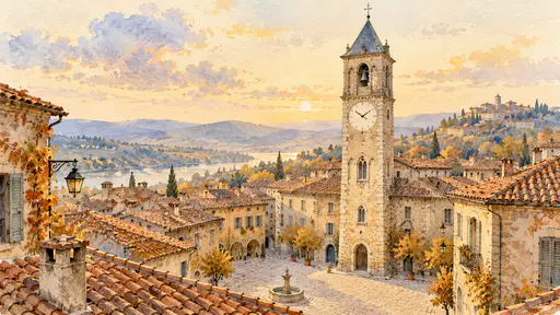 A tall stone clock tower with a plain round face and a slate roof rises above the tiled roofs of an old town square in late afternoon in watercolor.