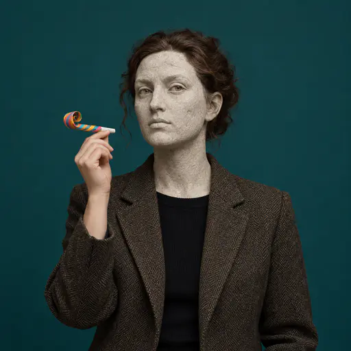 Stone-faced: a person in a fabric jacket has a neutral pale limestone face, with a hand-held curled paper party blower beside one cheek.