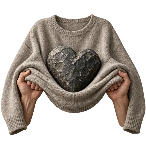 A heavy heart: two hands struggle to support a wool sweater sagging deeply under the weight of a large dark stone heart resting in its middle, isolated on transparency.