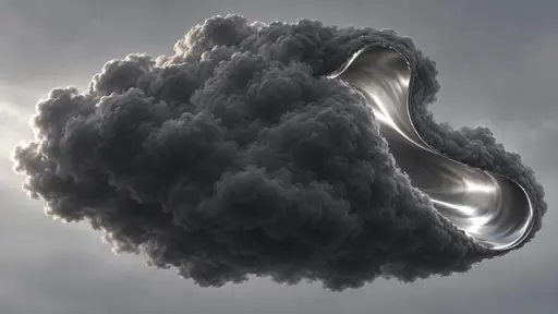 A single dark storm cloud in a flat grey sky curls back along one edge like an open coat, revealing a smooth polished silver lining that follows the cloud's inner contour continuously, soft rim light sliding along the metallic curve while the outer vapour stays dense charcoal-grey.