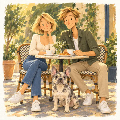 Storybook gouache painting of a couple and their French bulldog at a café table with a painted page border