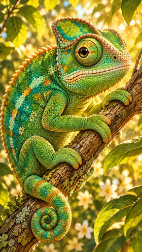 A close up of a green chameleon with sharp focus on its swivelling eye and textured scales in vibrant green, orange and turquoise clinging to a branch.