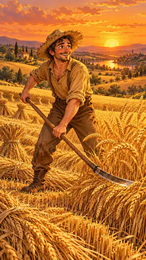A farmer harvests crops with a scythe in a wide golden wheat field at sunset with waves of golden grain rippling around and long shadows under a warm orange sun.
