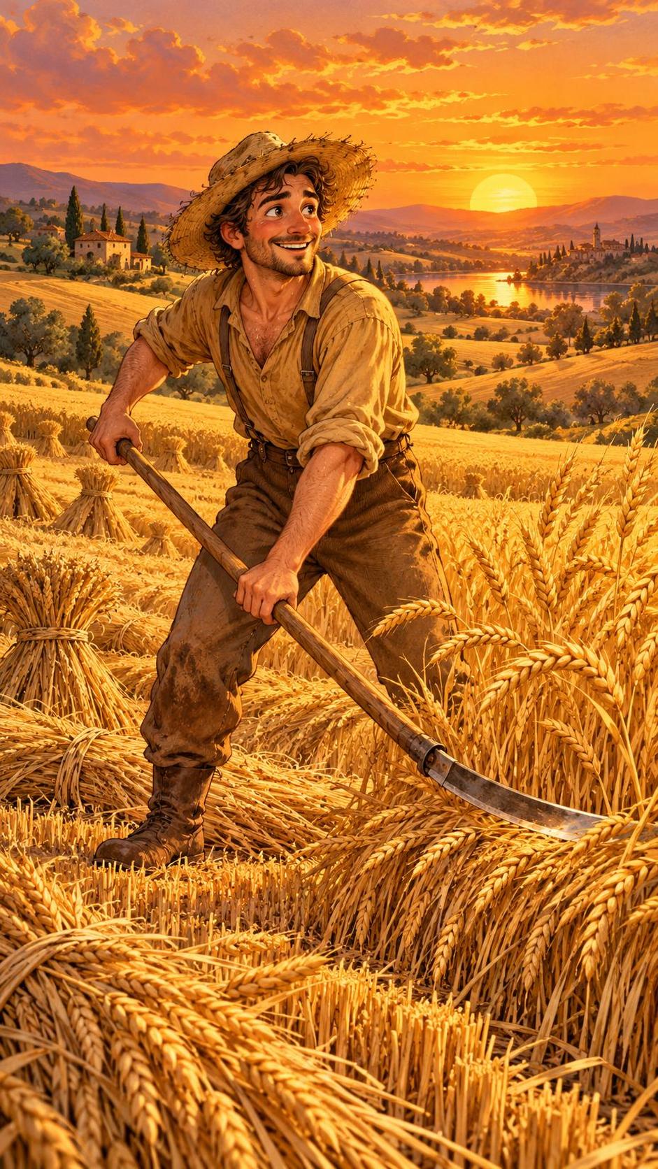 A farmer harvests crops with a scythe in a wide golden wheat field at sunset with waves of golden grain rippling around and long shadows under a warm orange sun.