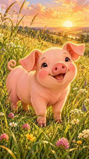 A cute pink piglet stands in tall green grass with a happy open mouthed face and soft sun behind it.