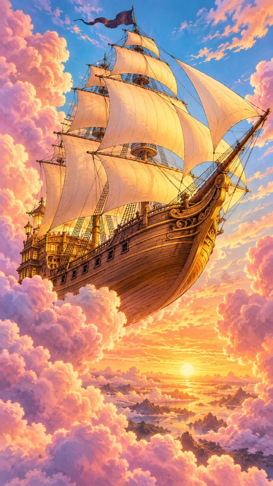A wooden pirate ship with billowing sails floats through towering pink and lavender clouds at sunset with golden light on its hull and rigging.