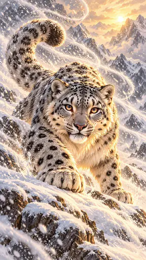 A snow leopard with thick spotted fur crouches and faces the viewer in a howling blizzard with snow streaming past it.