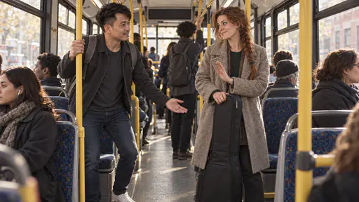 A wiry man in a charcoal jacket half rises from a seat on a crowded bus with an open hand offering it to a freckled woman with a loose auburn braid who stands holding her black guitar case upright between her feet and smiles with a shake of the head in warm afternoon light.
