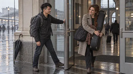 A wiry man in a charcoal jacket holds a heavy glass station door open wide with one arm and one foot for a freckled woman with a loose auburn braid carrying a black guitar case through with a grateful nod while rain falls on the pavement behind them.