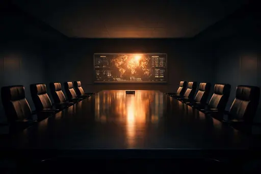 A cinematic 3:2 interior photograph of a large strategy room centered on one long table and a single glowing display, with moody low-key lighting and haze.