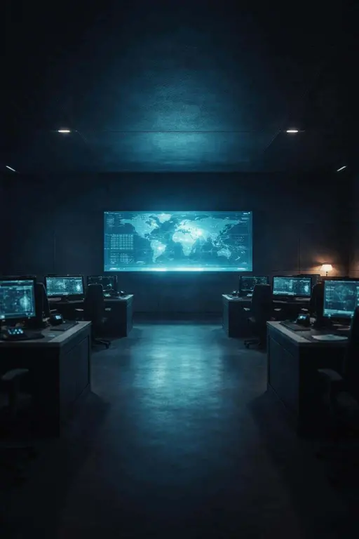 A low-key architectural photograph of a wide strategy room with a single glowing screen centered in the frame, composed for a 2:3 portrait poster-cover layout with cinematic mood.