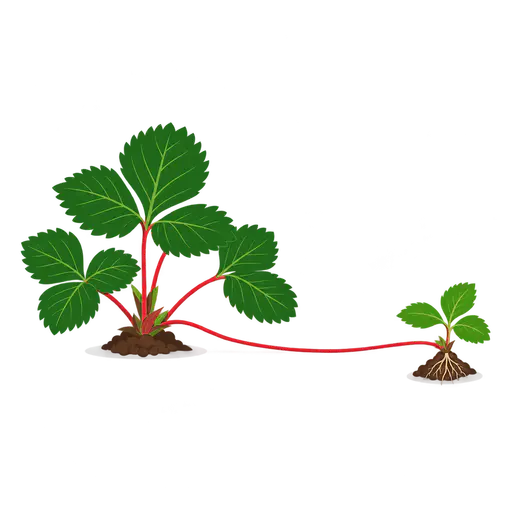 A strawberry runner trailing from a mother plant with three-lobed leaves to a small rooted plantlet in a clump of soil, on a transparent background.