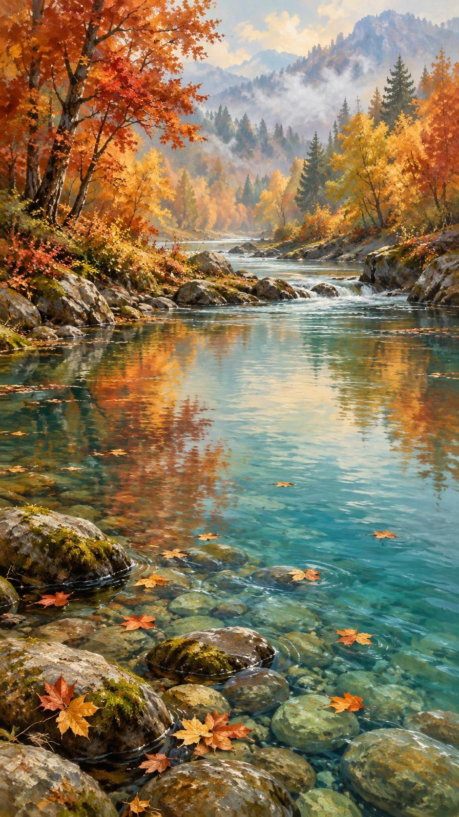 Streamside trees in full autumn colour with red, orange and golden leaves are reflected in a slow clear stream over mossy stones with fallen leaves floating.