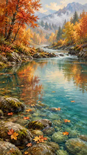 Streamside trees in full autumn colour with red, orange and golden leaves are reflected in a slow clear stream over mossy stones with fallen leaves floating.