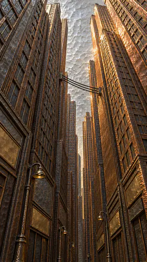 A street seen looking straight up between tall skyscraper facades with chased window grids, street lamps below and a patch of silver sky in hammered metal.