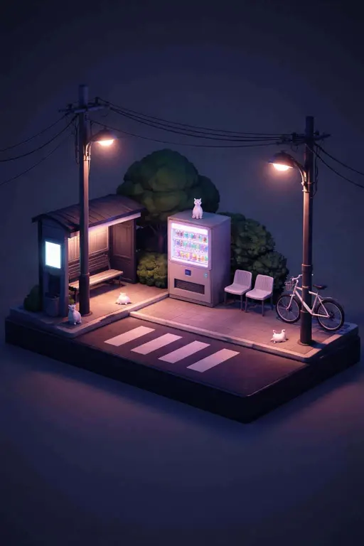 A nocturnal street corner is rendered as an isometric 3D diorama with vibrant pink neon lighting and deep shadows for a stylized miniature model illustration.