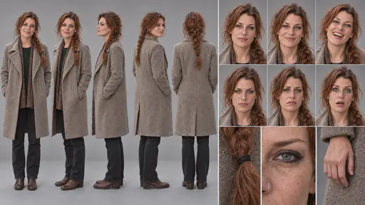 A 16:9 studio character sheet of a woman with a loose auburn braid in an oatmeal wool coat over a green jumper, dark trousers and brown boots, shown in five full-body views, six expressions and three close details.
