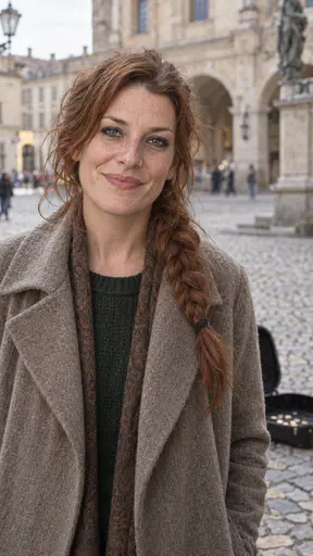 A freckled woman in her mid thirties with a loose auburn braid, a small silver nose ring and smudged eye make-up, in an oatmeal wool coat over a dark green jumper on a cobbled old-town square with an open case at her feet.