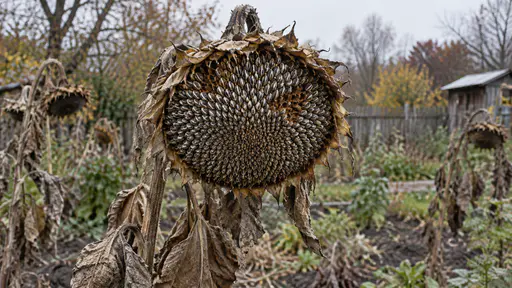 A dried sunflower head on a dry fibrous stalk shows a broad brown disk of neat rows of mature grey and white striped seeds with a few spaces empty.