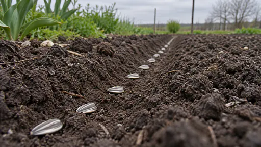 A spaced row of striped sunflower seeds rests in a shallow furrow of dark garden soil, their grey and white striped shells among fine soil crumbs.