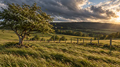 A rolling meadow with all its grasses bent flat in one direction by strong wind, a hawthorn leaning with streaming leaves and a few leaves flying and clouds racing above the tree line in hard low light.