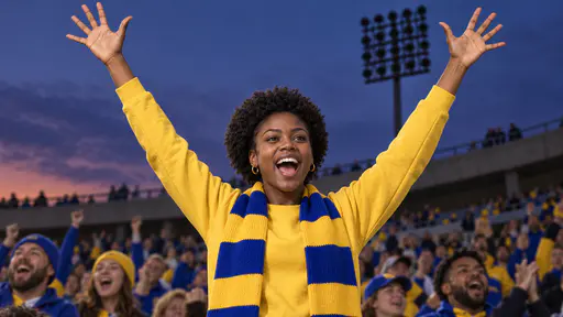 A young woman with a short natural afro in a bright yellow sweatshirt and a long blue and gold striped scarf, cheering with both arms raised in front of blurred spectators and unlit stadium floodlights under a deep blue-violet dusk sky.
