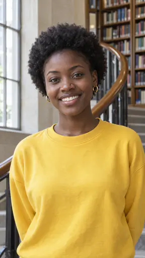 A young woman of about twenty with a short rounded natural afro, a small gold nose stud and thin gold hoops, in a plain bright yellow sweatshirt on a curved library staircase with blurred bookshelves.
