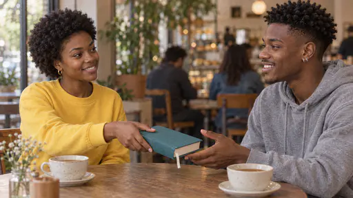 A young woman with a short natural afro in a yellow sweatshirt slides a closed thick teal cloth-bound book across a cafe table to a tall young man with a twist-out who reaches to take it, two cups of tea between them.