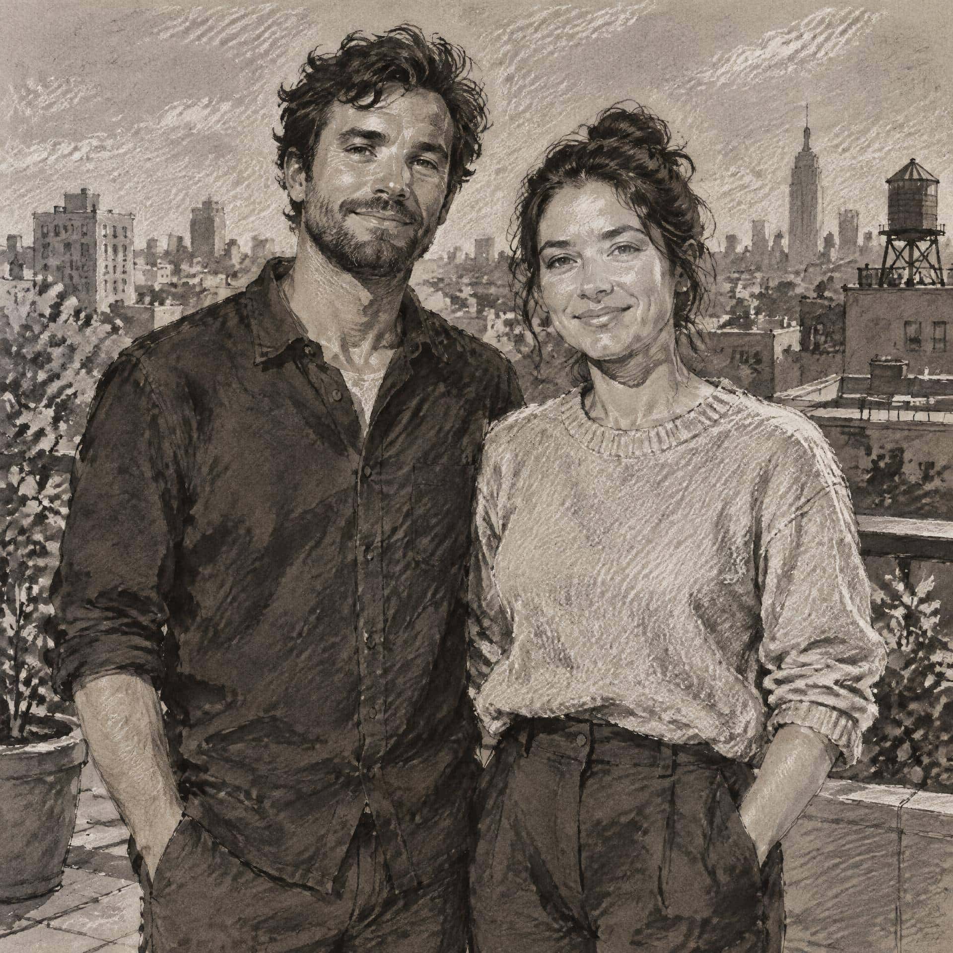 Chalk-heightened ink wash, prompt only example