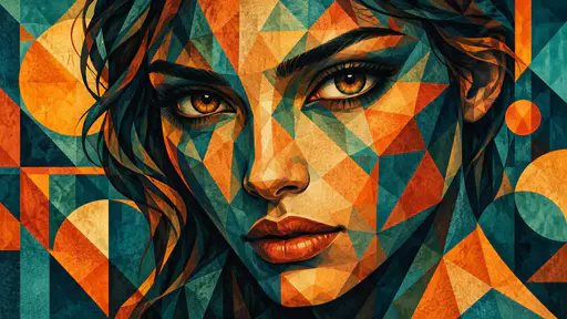 A close-up of a stylized mosaic face with large amber eyes in a teal and orange pattern.