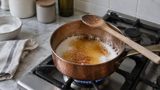 White sugar melts to a pale glossy amber liquid in a small copper pan on a gas ring with the edges still white and a wooden spoon resting across the pan rim in bright kitchen light.