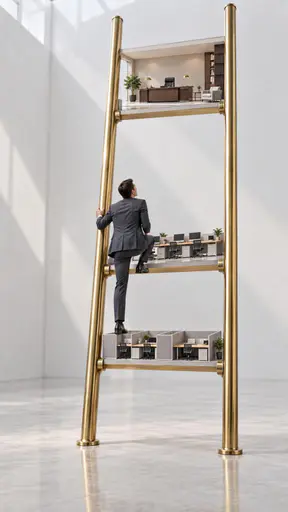 Climbing the corporate ladder: low-angle architectural photograph of a tall brass ladder whose rungs are tiny furnished office floors; a suited person steps from a cubicle rung toward the larger executive rung above.