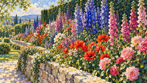 A deep summer flower garden border of delphiniums, foxgloves, roses and poppies in blue, magenta and red patches against a clipped dark green hedge.