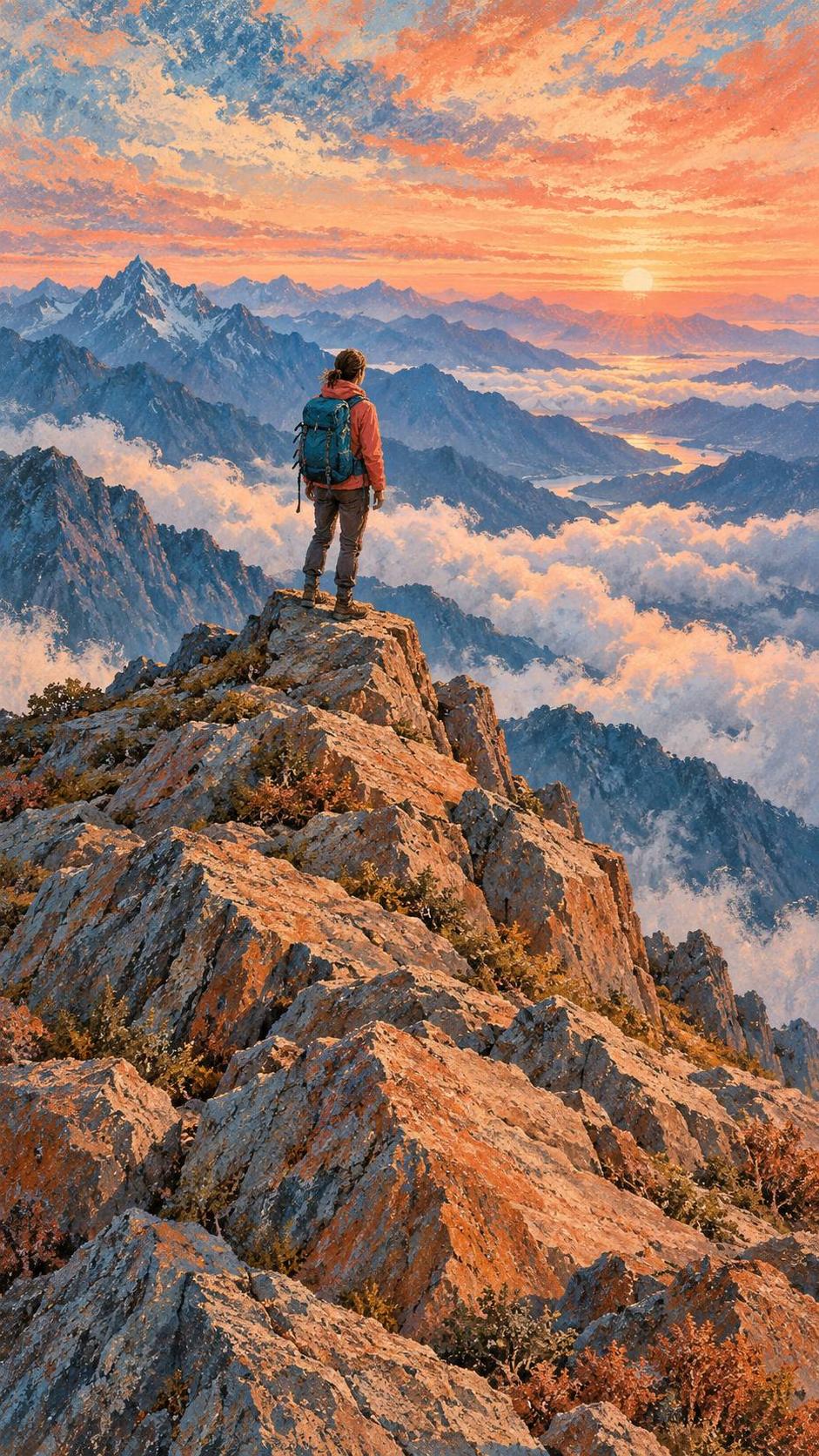 An adult hiker in a bright jacket and backpack stands on a rocky mountain summit looking out over layered ridges and a valley of cloud at sunrise.