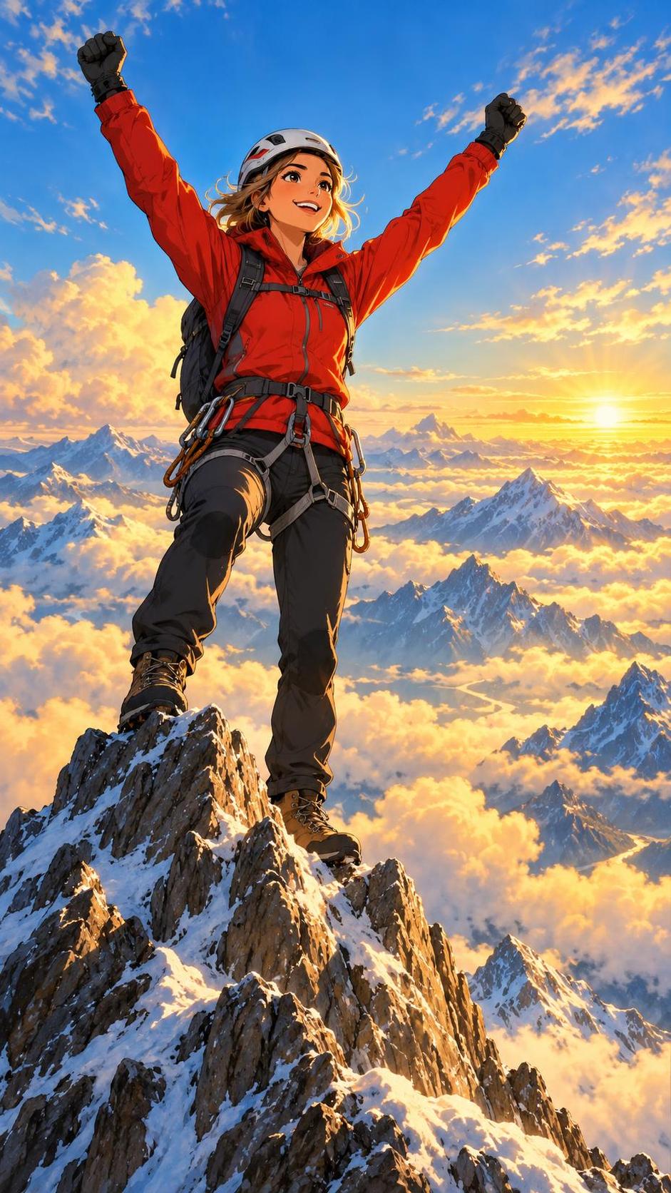 An adult mountaineer in a red jacket and helmet stands atop a jagged peak with arms raised as clouds and distant mountain tops stretch to the horizon in golden light.