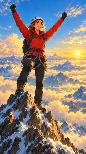 An adult mountaineer in a red jacket and helmet stands atop a jagged peak with arms raised as clouds and distant mountain tops stretch to the horizon in golden light.