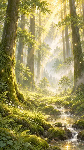 A magical woodland glade is lit by rays of sunlight filtering through tall trees over soft green moss, ferns and wildflowers with floating pollen and gentle mist.
