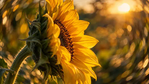 A wide macro of a single sunflower seen from the side with sharp golden petals and fine veins against swirling elongated oval bokeh of warm background lights.