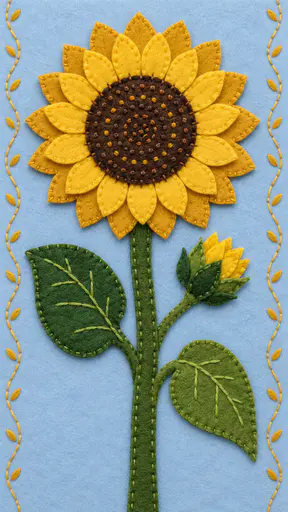 A large sunflower with layered yellow petals and a dark brown centre stands on a thick stem with two broad green leaves and a side bud on pale blue felt.