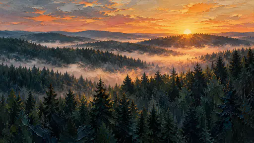 The sun rises above a misty pine and spruce forest on rolling hills with scraped pale gold light and amber mist in the valleys in layered wax paint.