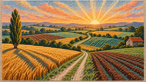 The sun rises above patchwork wheat and ploughed fields with a farm track, a hedgerow, a lone poplar and a small barn in warm needlepoint yarn.