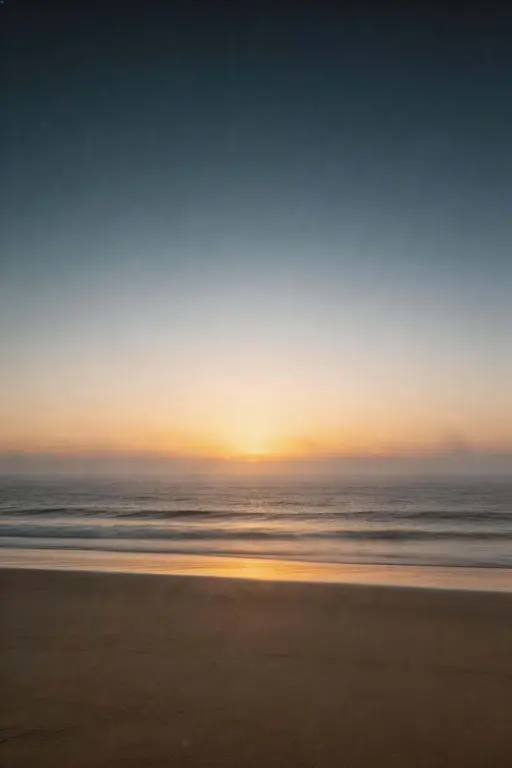 Cinematic editorial 2:3 vertical wallpaper of a minimal sunrise beach with the brightest glow near the lower horizon, upper sky fading into blue-hour haze, subtle mist and fine film grain for realistic texture.