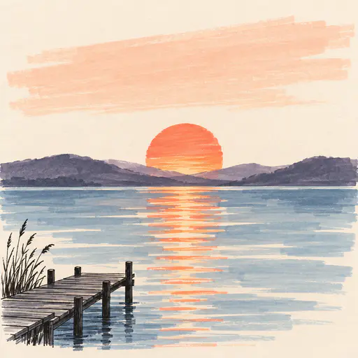 A large sun sits half above low violet hills with its reflection as broken marker strokes on a still lake beside a small jetty and reeds.